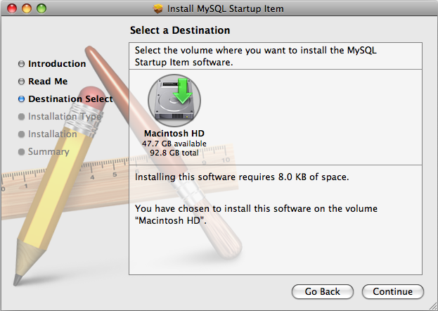 MySQL Startup Item Installer: Step 3