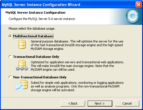 MySQL Server Instance Config Wizard: Usage Dialog