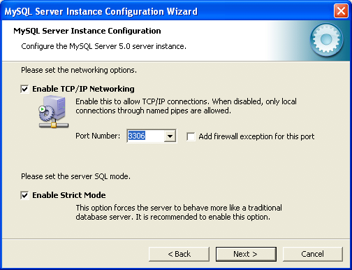 MySQL Server Instance Config Wizard: Network Configuration